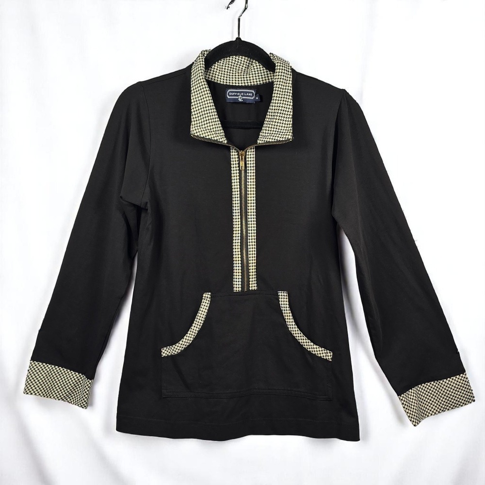 Duffield Lane Pullover Houndstooth Trim Half Zip Sweater Woman Medium Preppy